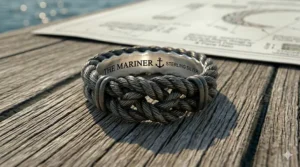 Masculine nautical rope ring design with an oxidized silver finish for a weathered maritime look.