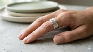 Minimalist sterling silver ring featuring a repeating chevron geometric pattern.