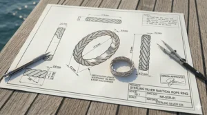 Unique nautical rope ring design featuring intertwined rose gold and white gold strands.