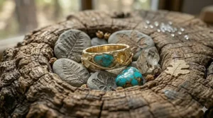 A stack of mixed metal organic texture bands in white, yellow, and rose gold.