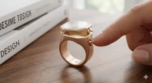 A sleek, modern geometric ring featuring a discreet and seamless locket ring compartment.
