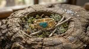 An organic texture band resting on a piece of raw tree bark to show design inspiration.