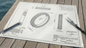 Technical CAD drawing of a nautical rope ring design showing precise braided dimensions.