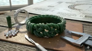 Jewelry artisan's wax mold for a custom nautical rope ring design prior to casting.