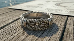 Macro view of a nautical rope ring design highlighting the realistic fiber-like metal engraving.