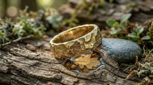 A person wearing a thin organic texture band stacked with other minimalist gold rings.