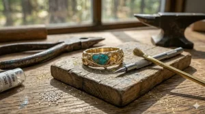 Three different widths of organic texture bands displayed side-by-side in silver and gold.