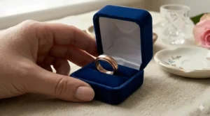 A custom hidden inscription ring presented in a velvet jewelry box for an anniversary gift.