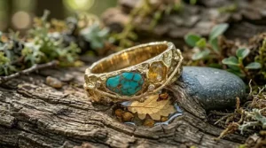 Sustainable rose gold wedding ring featuring a bark-like organic texture.