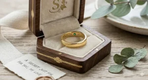 An open velvet jewelry box containing a custom secret birthstone band for a meaningful anniversary gift.