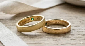 Side-by-side comparison of matte and high-polish gold secret birthstone bands.