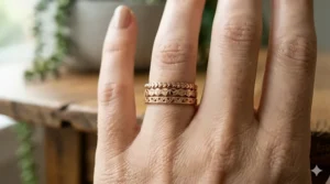 A set of three thin stackable rings each featuring a unique geometric pattern in rose gold.