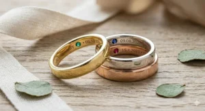 Three stacked secret birthstone bands in rose, white, and yellow gold with hidden gems.