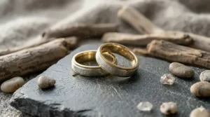 Stylized illustration of a matching two tone finish ring set for a modern wedding.