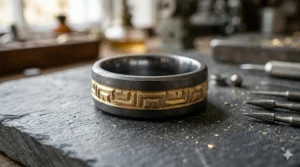 A two-tone hand-carved wedding band combining dark tantalum and yellow gold with a chiseled geometric step pattern.
