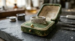 Antique-inspired hand-carved white gold wedding band with delicate scrollwork and tiny diamonds in a green velvet box.