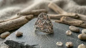 Ornate two tone finish ring illustration with vintage filigree details and mixed metal plating.