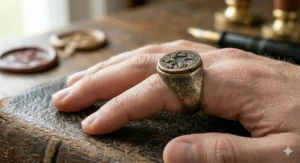 A lifestyle illustration of a hand wearing a statement piece with a functional locket ring compartment.