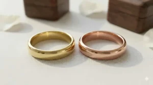 A yellow gold and a rose gold simple plain gold band displayed together to show color variations.