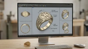 A high-definition 3D CAD render of a heritage symbol ring highlighting the depth of the laser-engraved icons.
