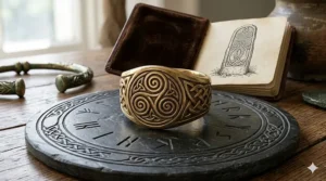 A detailed illustration of a heritage symbol ring featuring ancient Celtic knotwork and traditional patterns.