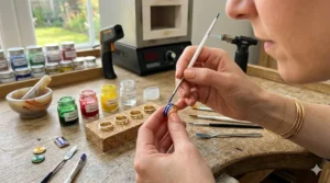 An artisan applying liquid pigment to create a colorful enamel ring.