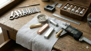 Selection of platinum, yellow gold, and rose gold bands for a made to measure wedding ring.