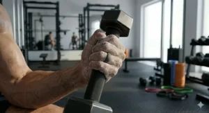 A close-up, photorealistic view of a gym athlete's chalk-dusted hand wearing a matte charcoal grey silicone wedding band while gripping a knurled dumbbell during a strenuous workout.