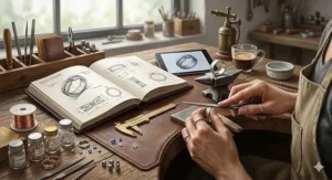 A flat lay illustration showing the step-by-step process of designing affordable custom bands online.