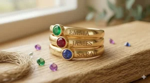 Close-up of a custom multiple family birthstone ring with personalized names 'EMMA', 'JAMES', and 'SARAH' engraved on the gold bands.