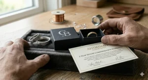 An illustration of a custom ring box with a warranty certificate, highlighting a secure purchase for budget-friendly jewelry.