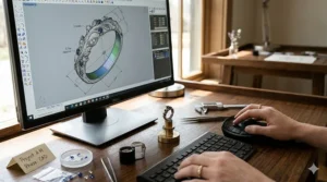 A detailed 3D digital CAD model rendering of a custom wedding band featuring a complex, modern geometric pattern.
