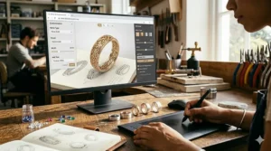 A laptop screen displaying an online 3D software tool used to design your own band ring in real-time.