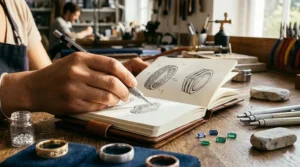 A creative workspace illustration with hand-drawn sketches and ideas to design your own band ring.