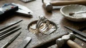 Finished diamond-set made to measure wedding ring presented in a luxury velvet jewelry box.
