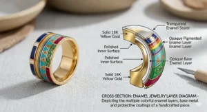 Modern geometric pattern featured on a wide colorful enamel ring band.
