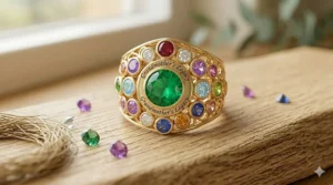 An elaborate grandmother-themed multiple family birthstone ring made of gold filigree, featuring a central emerald and many small stones representing the family.
