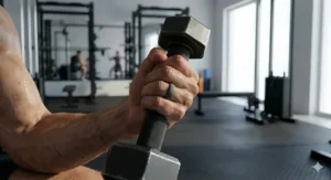 A photorealistic close-up of an athlete gripping a dumbbell in a gym, with focus on a matte gray silicone wedding band on their ring finger.