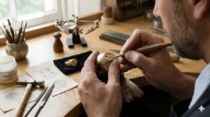 An illustration depicting the artisan process of hand-carving custom family crests onto a heritage symbol ring.