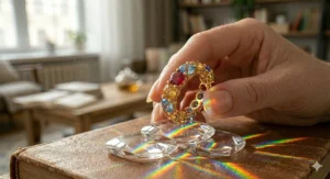 A jeweler’s workbench showing the process of hand-setting colorful sapphires into a rainbow gemstone band.