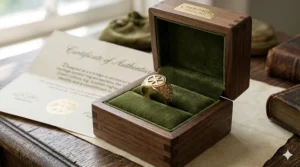 A heritage symbol ring presented in a luxury wooden gift box with a certificate of authenticity.