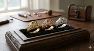Three heritage symbol rings displayed in yellow gold, rose gold, and sterling silver finishes.