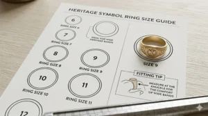 A visual ring size guide specifically designed for choosing the correct fit for a wide-band heritage symbol ring.