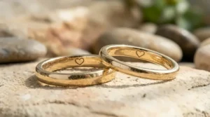 Matching gold wedding bands featuring a subtle hidden heart detail engraved on the inner shank.