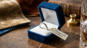 A luxury velvet ring box holding a promise ring with a secret hidden heart detail for a romantic surprise.