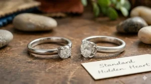 A comparison of a standard ring setting versus a custom setting with a hidden heart detail in the basket.