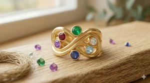 A customized infinity-loop design multiple family birthstone ring featuring six round bezel-set gemstones representing family members.