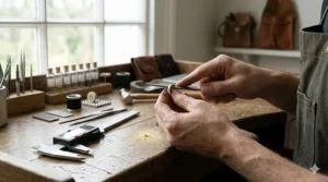 Expert jeweler hand-finishing a gold made to measure wedding ring in a traditional workshop.