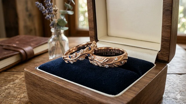 A pair of luxury custom wedding bands crafted in 18k yellow gold with intricate diamond pavé settings, displayed on a velvet ring cushion.