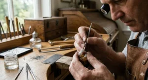 Close-up illustration of a luxury goldsmith meticulously hand-engraving a custom platinum wedding ring at a jeweler's bench.